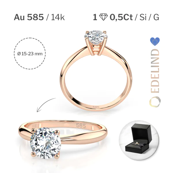0,5 Karat Diamant Verlobungsring mit 1 Diamanten, Rotgold 585 / 14K, Weite 49 mm, Gewicht ca. 1.9 g.