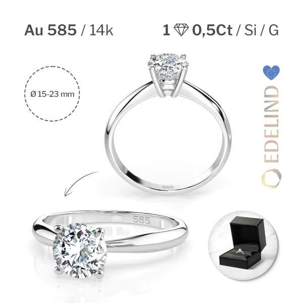 0,5 Karat Diamant Verlobungsring mit 1 Diamanten, Weißgold 585 / 14K, Weite 53 mm, Gewicht ca. 1.9 g.