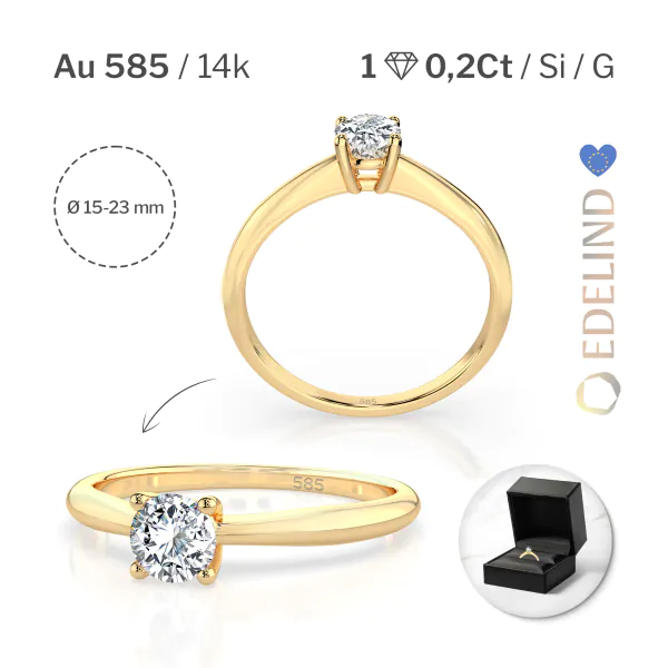 0,20 Karat Diamant Verlobungsring mit 1 Diamanten, Gelbgold 585 / 14K, Weite 49 mm, Gewicht ca. 1.7 g.