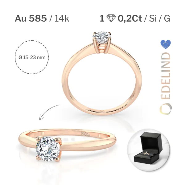 0,20 Karat Diamant Verlobungsring mit 1 Diamanten, Rotgold 585 / 14K, Weite 49 mm, Gewicht ca. 1.7 g.