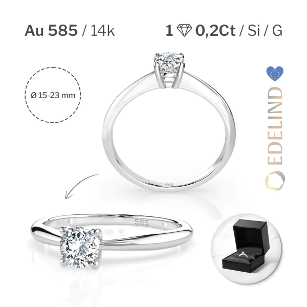 0,20 Karat Diamant Verlobungsring mit 1 Diamanten, Weißgold 585 / 14K, Weite 64 mm, Gewicht ca. 1.7 g.