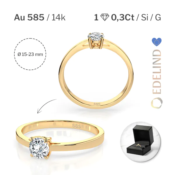 0,30 Karat Diamant Verlobungsring mit 1 Diamanten, Gelbgold 585 / 14K, Weite 49 mm, Gewicht ca. 1.55 g.