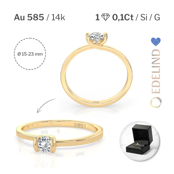 0,10 Karat Diamant Verlobungsring mit 1 Diamanten, Gelbgold 585 / 14K, Weite 49 mm, Gewicht ca. 1.3 g.