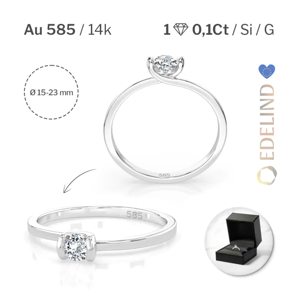 0,10 Karat Diamant Verlobungsring mit 1 Diamanten, Weißgold 585 / 14K, Weite 53 mm, Gewicht ca. 1.3 g.