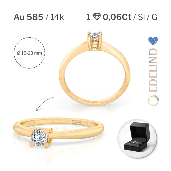 0,06 Karat Diamant Verlobungsring mit 1 Diamanten, Gelbgold 585 / 14K, Weite 54 mm, Gewicht ca. 1.75 g.