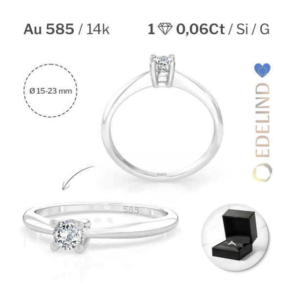 0,06 Karat Diamant Verlobungsring mit 1 Diamanten, Weißgold 585 / 14K, Weite 70 mm, Gewicht ca. 1.75 g.
