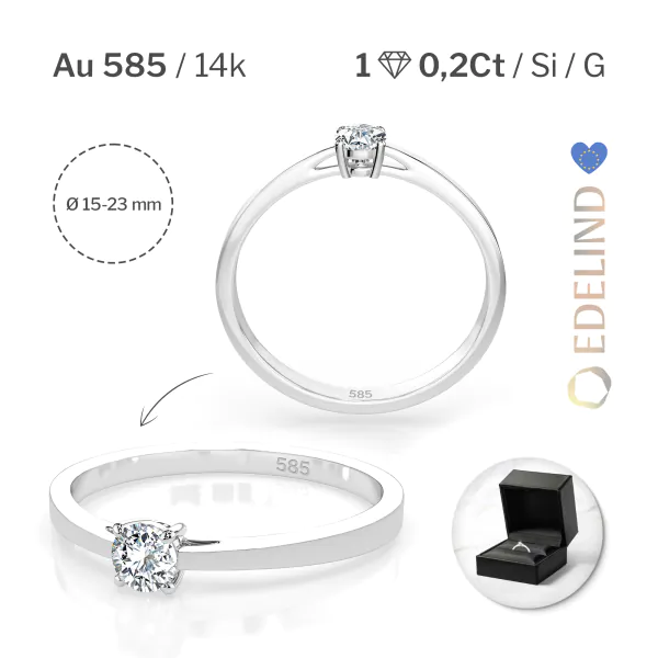 0,20 Karat Diamant Verlobungsring mit 1 Diamanten, Weißgold 585 / 14K, Weite 70 mm, Gewicht ca. 1.5 g.