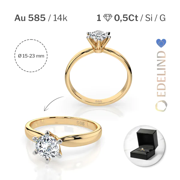 0,5 Karat Diamant Verlobungsring mit 1 Diamanten, Gelbgold 585 / 14K, Weite 49 mm, Gewicht ca. 2.1 g.