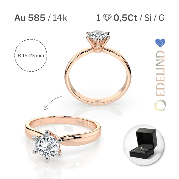0,5 Karat Diamant Verlobungsring mit 1 Diamanten, Rotgold 585 / 14K, Weite 49 mm, Gewicht ca. 2.1 g.