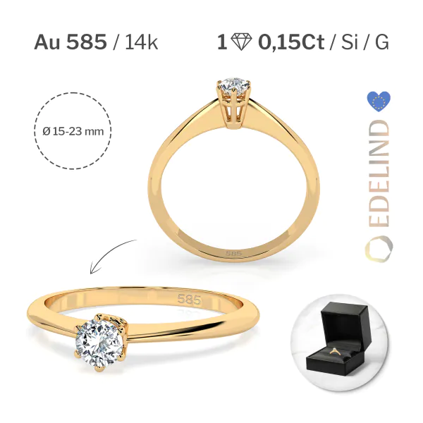 0,15 Karat Diamant Verlobungsring mit 1 Diamanten, Gelbgold 585 / 14K, Weite 49 mm, Gewicht ca. 1.5 g.