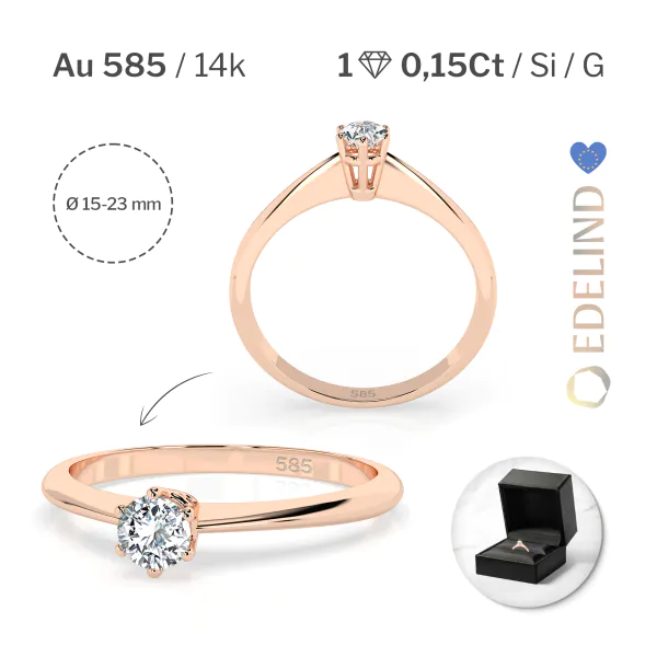 0,15 Karat Diamant Verlobungsring mit 1 Diamanten, Rotgold 585 / 14K, Weite 54 mm, Gewicht ca. 1.5 g.
