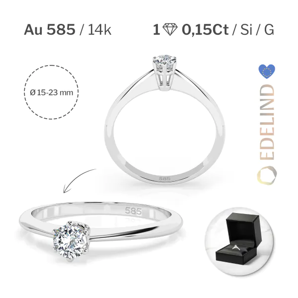 0,15 Karat Diamant Verlobungsring mit 1 Diamanten, Weißgold 585 / 14K, Weite 70 mm, Gewicht ca. 1.5 g.