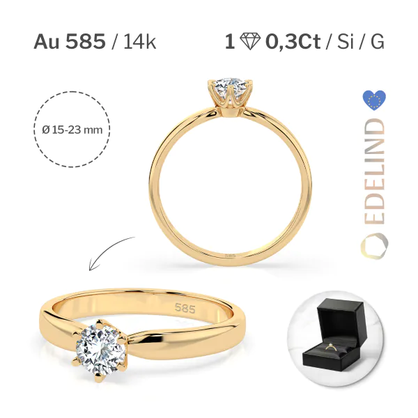 0,30 Karat Diamant Verlobungsring mit 1 Diamanten, Gelbgold 585 / 14K, Weite 47 mm, Gewicht ca. 1.8 g.