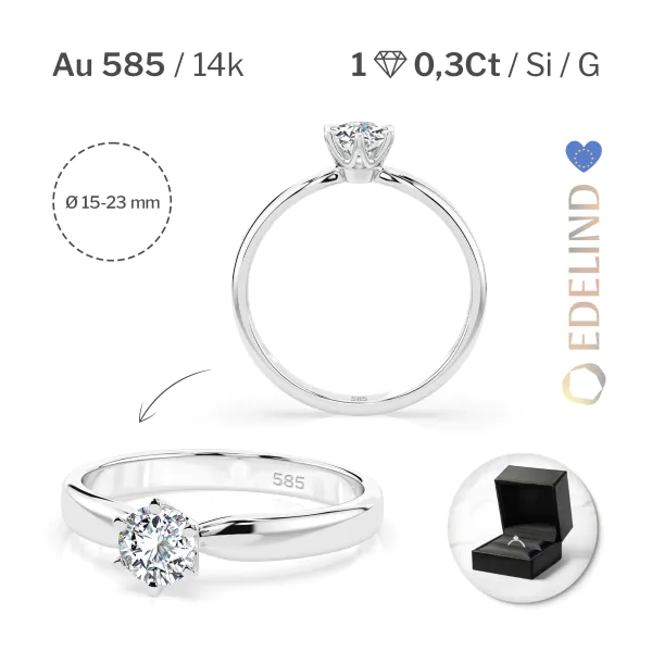 0,30 Karat Diamant Verlobungsring mit 1 Diamanten, Weißgold 585 / 14K, Weite 56 mm, Gewicht ca. 1.8 g.