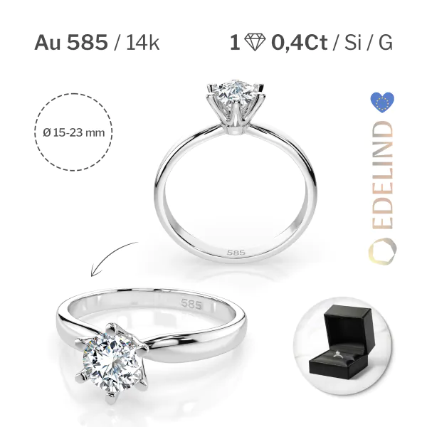 0,40 Karat Diamant Verlobungsring mit 1 Diamanten, Weißgold 585 / 14K, Weite 53 mm, Gewicht ca. 2.1 g.