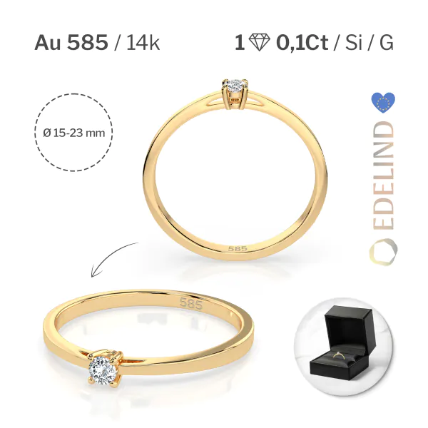 0,10 Karat Diamant Verlobungsring mit 1 Diamanten, Gelbgold 585 / 14K, Weite 72 mm, Gewicht ca. 1.2 g.