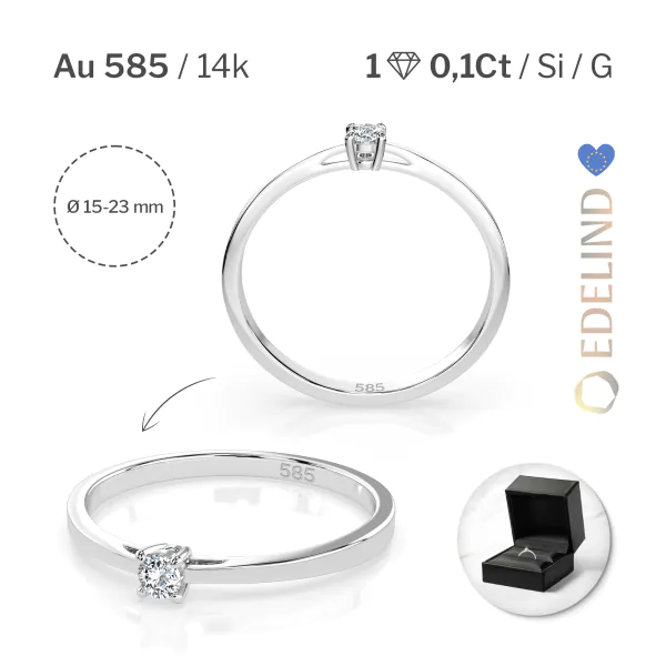 0,10 Karat Diamant Verlobungsring mit 1 Diamanten, Weißgold 585 / 14K, Weite 67 mm, Gewicht ca. 1.2 g.