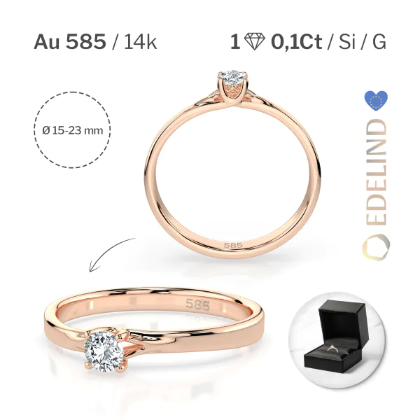 0,1 Karat Diamant Verlobungsring, Rotgold 585 / 14K, Weite 49 mm, Gewicht ca. 1.3 g.