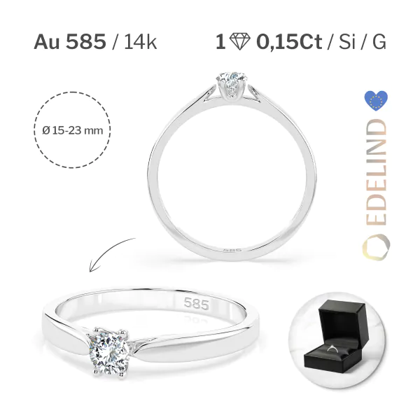 0,15 Karat Diamant Verlobungsring mit 1 Diamanten, Weißgold 585 / 14K, Weite 70 mm, Gewicht ca. 1.7 g.