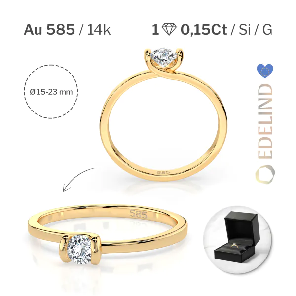 0,15 Karat Diamant Verlobungsring mit 1 Diamanten, Gelbgold 585 / 14K, Weite 49 mm, Gewicht ca. 1.4 g.