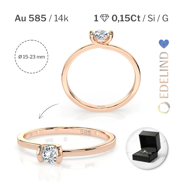 0,15 Karat Diamant Verlobungsring mit 1 Diamanten, Rotgold 585 / 14K, Weite 49 mm, Gewicht ca. 1.4 g.