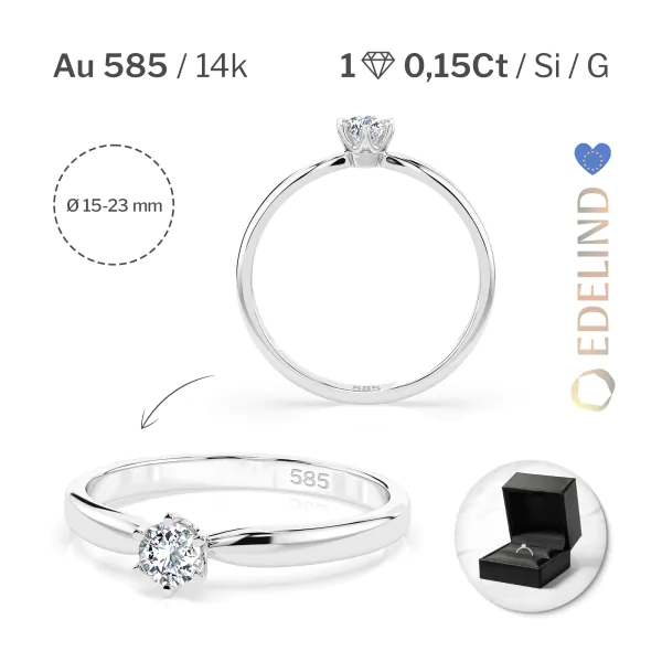 0,15 Karat Diamant Verlobungsring mit 1 Diamanten, Weißgold 585 / 14K, Weite 70 mm, Gewicht ca. 1.8 g.