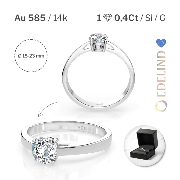 0,40 Karat Diamant Verlobungsring mit 1 Diamanten, Weißgold 585 / 14K, Weite 64 mm, Gewicht ca. 1.6 g.