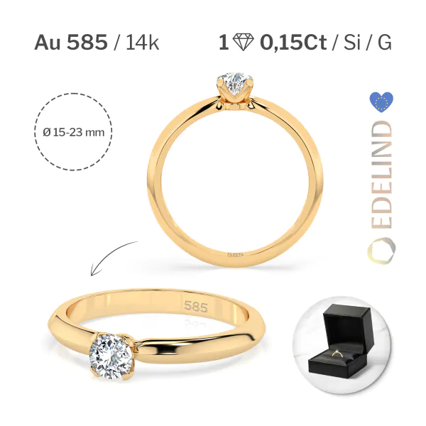 0,15 Karat Diamant Verlobungsring mit 1 Diamanten, Gelbgold 585 / 14K, Weite 61 mm, Gewicht ca. 1.9 g.