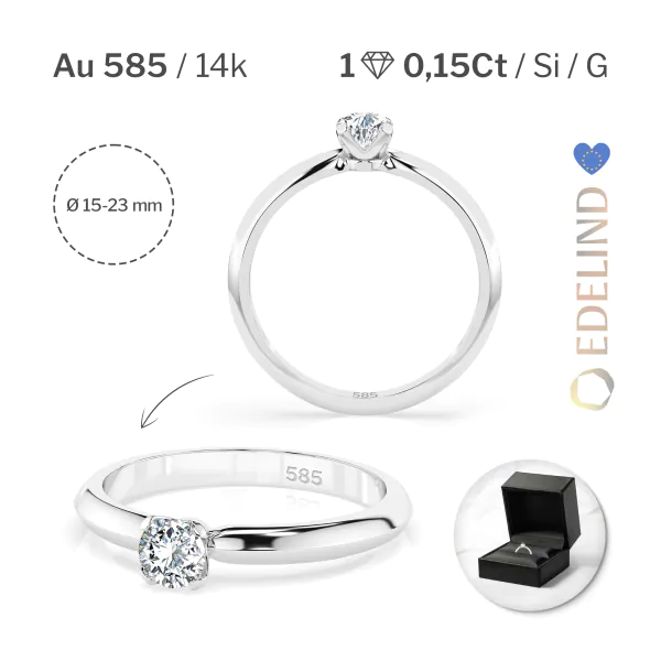 0,15 Karat Diamant Verlobungsring mit 1 Diamanten, Weißgold 585 / 14K, Weite 70 mm, Gewicht ca. 1.9 g.