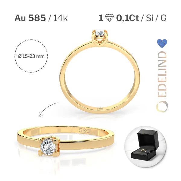 0,10 Karat Diamant Verlobungsring, Gelbgold 585 / 14K, Weite 47 mm, Gewicht ca. 1.3 g.