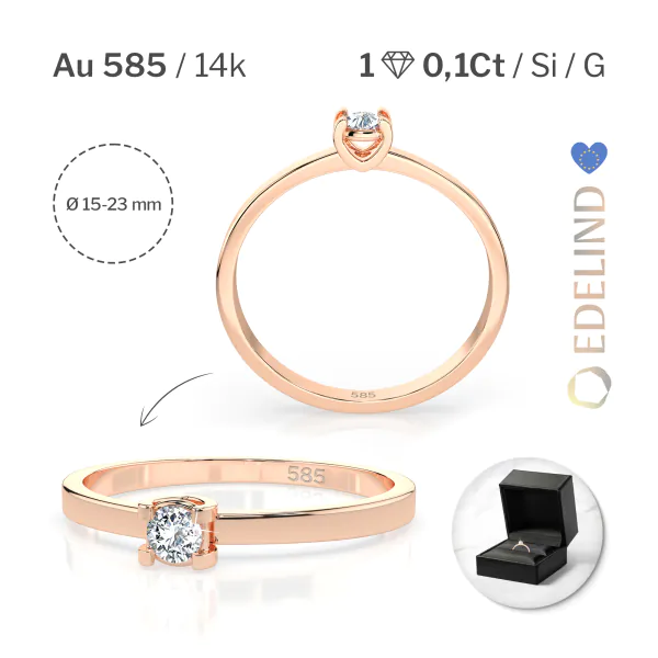0,10 Karat Diamant Verlobungsring, Rotgold 585 / 14K, Weite 49 mm, Gewicht ca. 1.3 g.