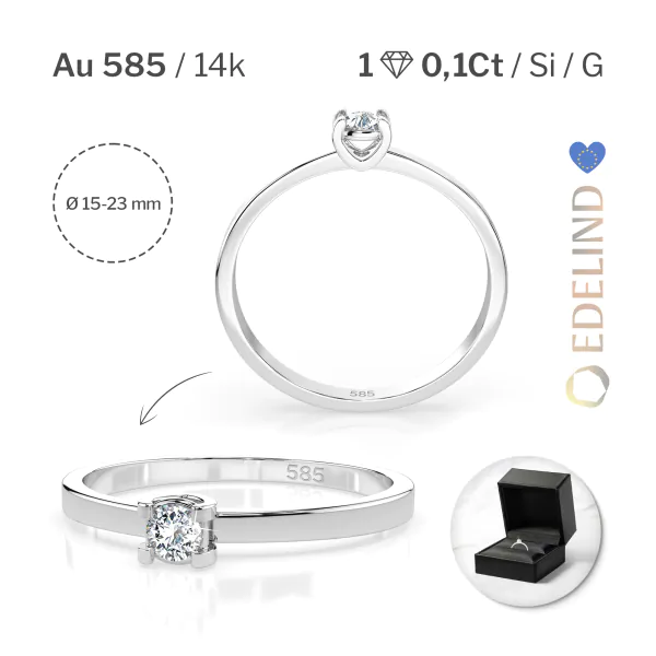 0,10 Karat Diamant Verlobungsring, Weißgold 585 / 14K, Weite 70 mm, Gewicht ca. 1.3 g.