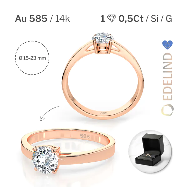0,5 Karat Diamant Verlobungsring mit 1 Diamanten, Rotgold 585 / 14K, Weite 49 mm, Gewicht ca. 1.95 g.