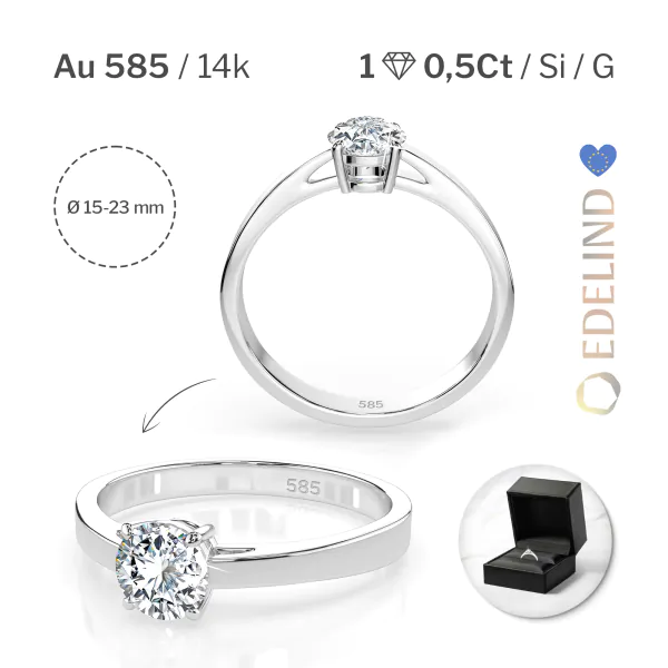 0,5 Karat Diamant Verlobungsring mit 1 Diamanten, Weißgold 585 / 14K, Weite 70 mm, Gewicht ca. 1.95 g.