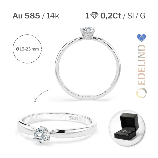 0,20 Karat Diamant Verlobungsring mit 1 Diamanten, Weißgold 585 / 14K, Weite 70 mm, Gewicht ca. 2.1 g.