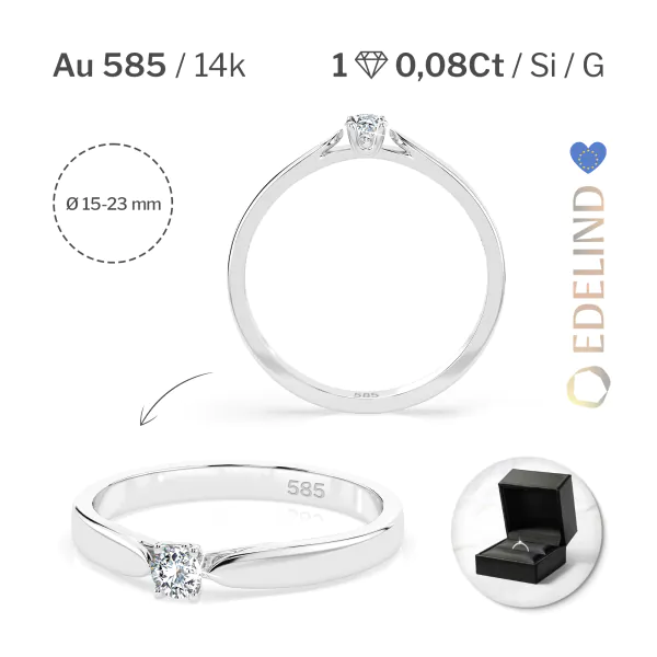 0,08 Karat Diamant Verlobungsring mit 1 Diamanten, Weißgold 585 / 14K, Weite 69 mm, Gewicht ca. 1.9 g.