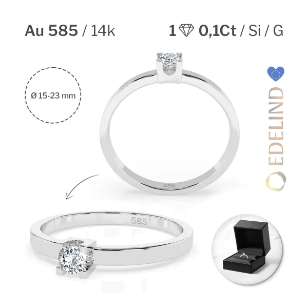 0,10 Karat Diamant Verlobungsring mit 1 Diamanten, Weißgold 585 / 14K, Weite 70 mm, Gewicht ca. 1.5 g.