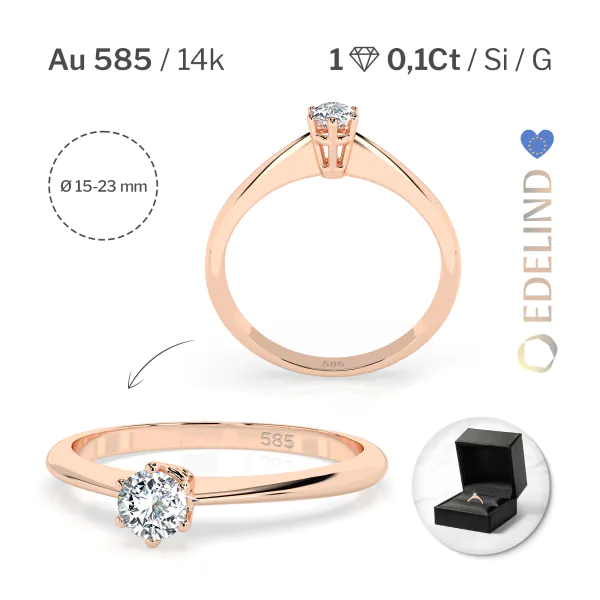 0,10 Karat Diamant Verlobungsring mit 1 Diamanten, Rotgold 585 / 14K, Weite 54 mm, Gewicht ca. 1.25 g.