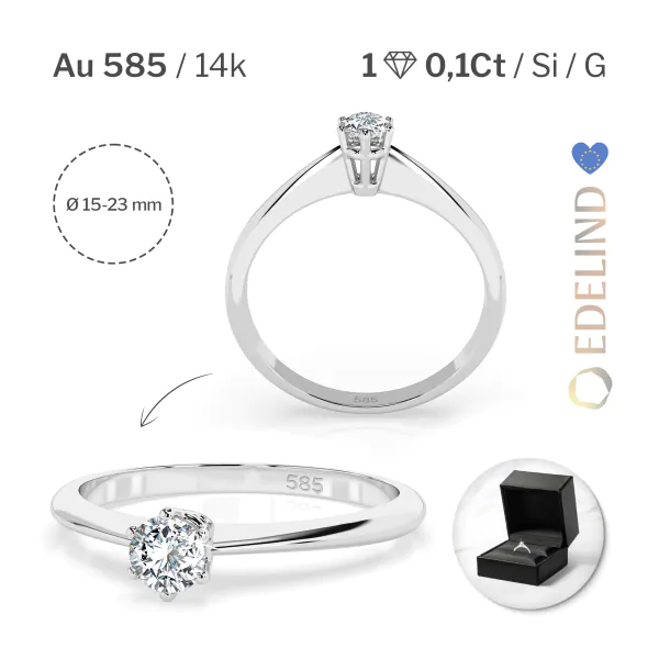 0,10 Karat Diamant Verlobungsring mit 1 Diamanten, Weißgold 585 / 14K, Weite 70 mm, Gewicht ca. 1.25 g.