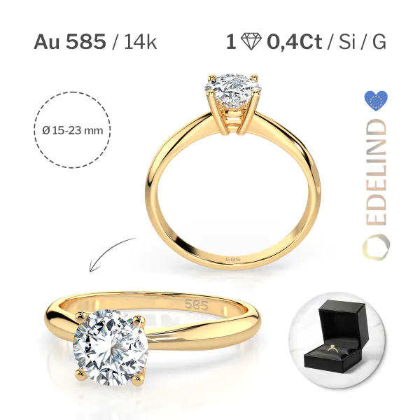 0,40 Karat Diamant Verlobungsring mit 1 Diamanten, Gelbgold 585 / 14K, Weite 54 mm, Gewicht ca. 1.7 g.