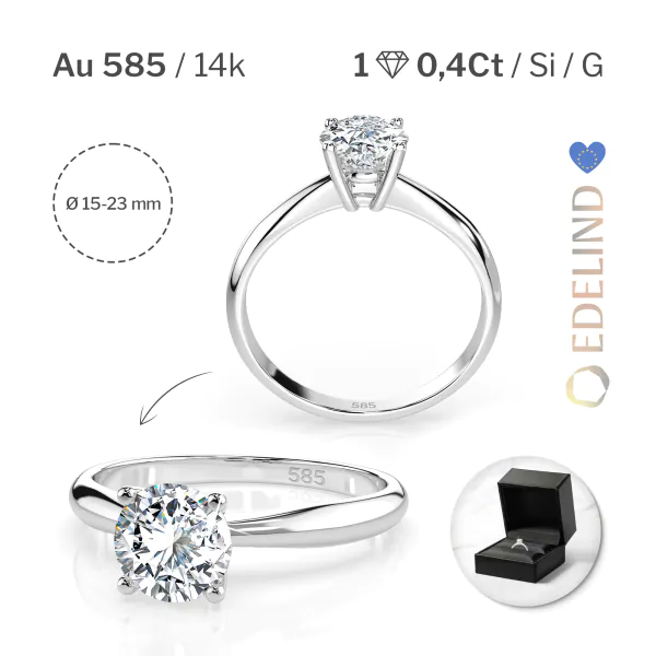0,40 Karat Diamant Verlobungsring mit 1 Diamanten, Weißgold 585 / 14K, Weite 70 mm, Gewicht ca. 1.7 g.