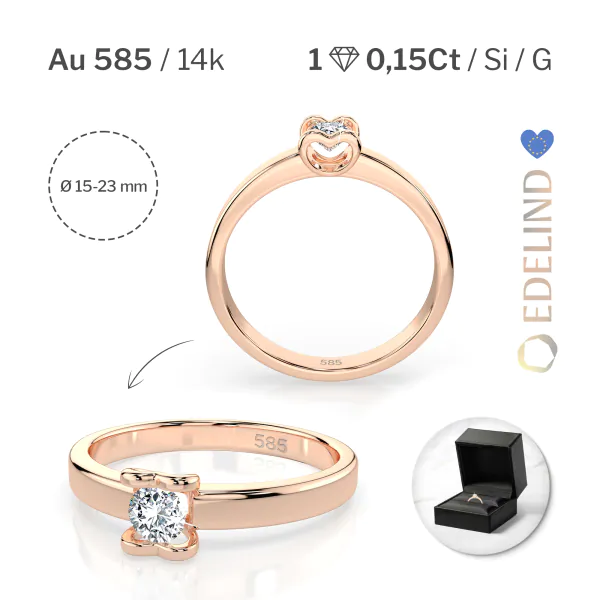 0,15 Karat Diamant Verlobungsring mit 1 Diamanten, Rotgold 585 / 14K, Weite 49 mm, Gewicht ca. 2.0 g.
