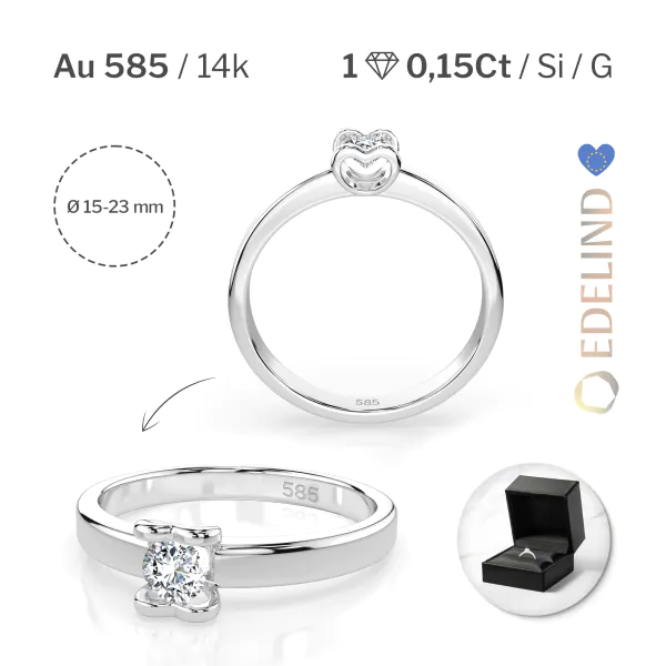 0,15 Karat Diamant Verlobungsring mit 1 Diamanten, Weißgold 585 / 14K, Weite 70 mm, Gewicht ca. 2.0 g.