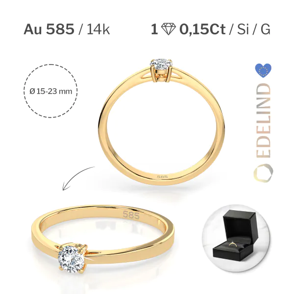 0,15 Karat Diamant Verlobungsring, Gelbgold 585 / 14K, Weite 54 mm, Gewicht ca. 1.4 g.