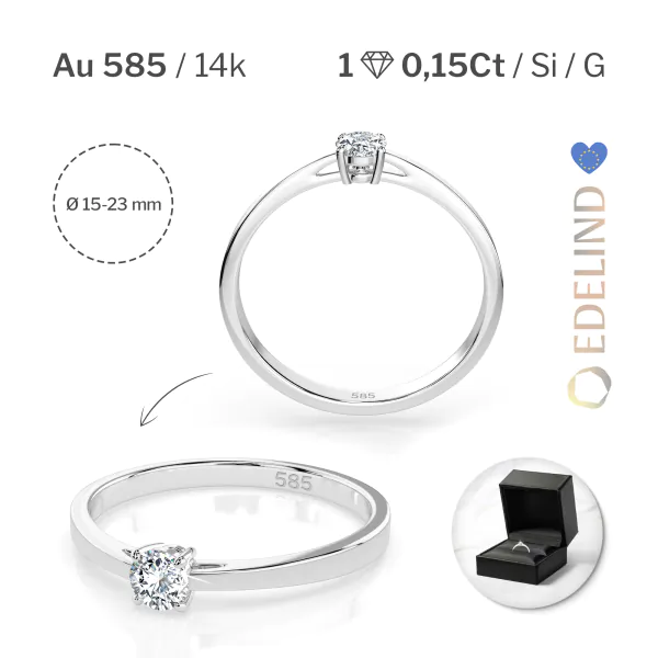 0,15 Karat Diamant Verlobungsring, Weißgold 585 / 14K, Weite 64 mm, Gewicht ca. 1.4 g.