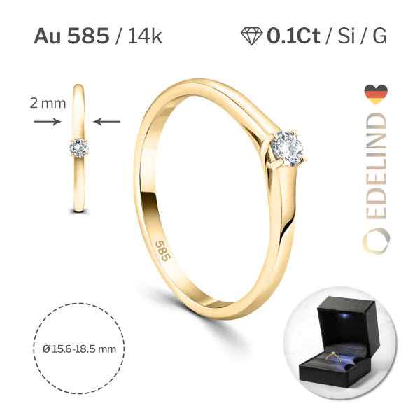 0,10 Karat Diamant Verlobungsring, Gelbgold 585 / 14K, Breite 2 mm, Weite 51 mm, Gewicht ca. 2.2 g.