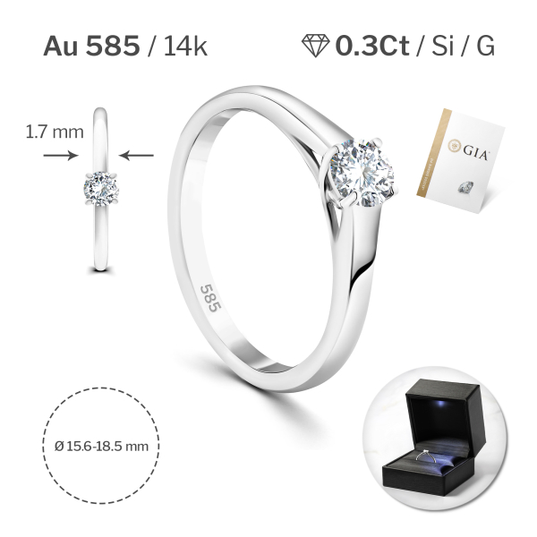 0,30 Karat Diamant Verlobungsring mit GIA Zertifikat, Weißgold 585 / 14K, Breite 1,7 mm,Weite 55 mm, Gewicht ca. 2.6 g.