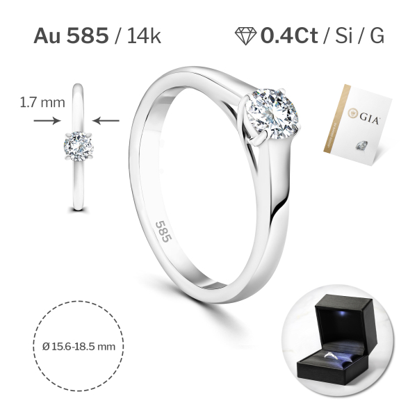 0,40 Karat Diamant Verlobungsring mit GIA Zertifikat, Weißgold 585 / 14K, Breite 1,7 mm,Weite 50 mm, Gewicht ca. 2.6 g.