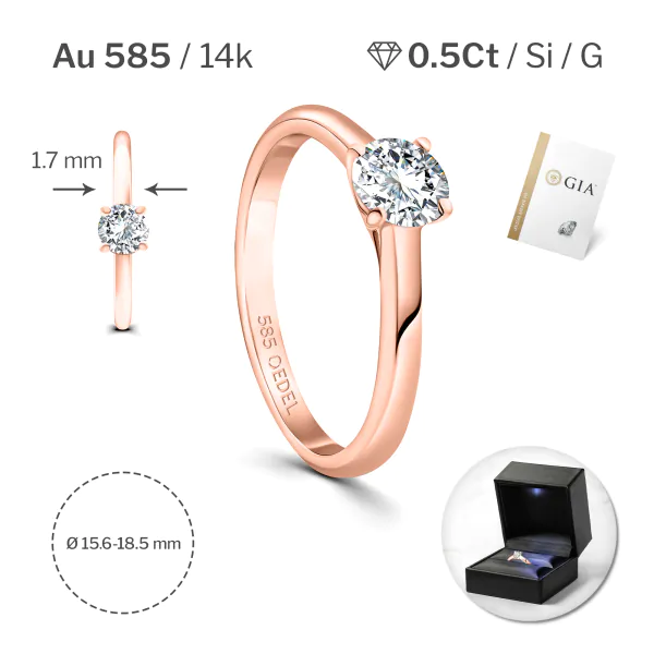 0,50 Karat Diamant Ring mit GIA Zertifikat, Rotgold 585 / 14K, Breite 1,7 mm,Weite 58 mm, Gewicht ca. 2.7 g.