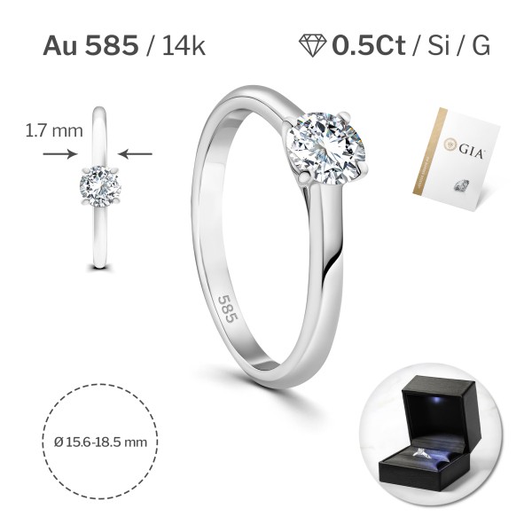 0,50 Karat Diamant Ring mit GIA Zertifikat, Weißgold 585 / 14K, Breite 1,7 mm,Weite 50 mm, Gewicht ca. 2.7 g.